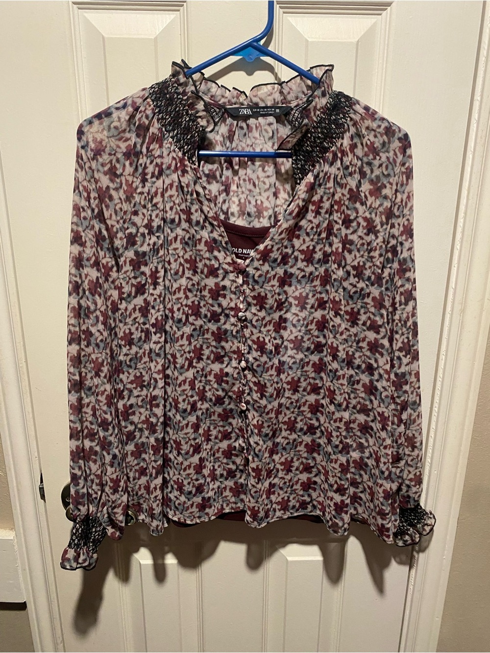 Zara Burgundy, Gray and Blue Floral Smocked Neck Blouse with Burgandy Tank Top